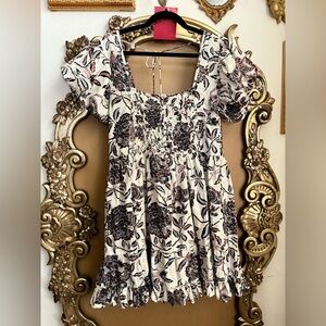 House of Harlow White Tiger Floral Smocked Square Neck Ruffle Dress Poof Sleeve